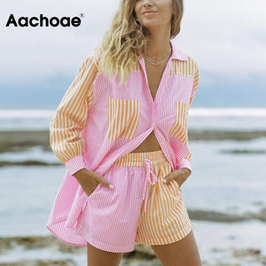 AACHOAE Women Patchwork Cotton 2 Piece Set Long Sleeve Pockets Shirt With High Waist Striped Print Shorts