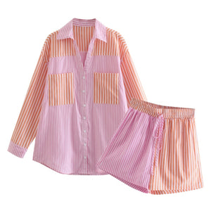 AACHOAE Women Patchwork Cotton 2 Piece Set Long Sleeve Pockets Shirt With High Waist Striped Print Shorts