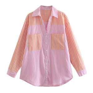 AACHOAE Women Patchwork Cotton 2 Piece Set Long Sleeve Pockets Shirt With High Waist Striped Print Shorts