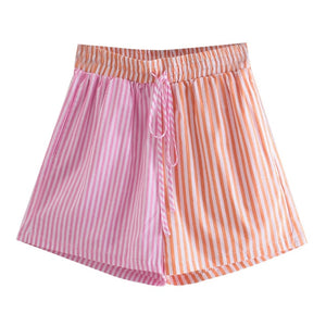 AACHOAE Women Patchwork Cotton 2 Piece Set Long Sleeve Pockets Shirt With High Waist Striped Print Shorts