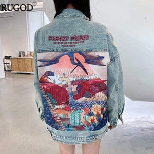 RUGOD Women Cartoon Print Long Denim Jacket