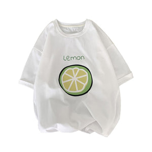 Women Fruit Lemon Print Half Sleeve Top