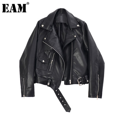 [EAM] Women Loose Fit Pu Leather Short Jacket