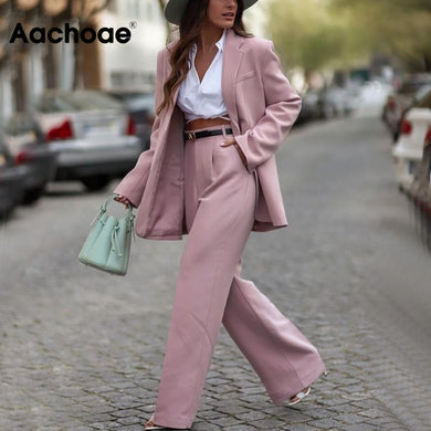 AACHOAE Women Pink Suit Blazer And High Waist Long Pants