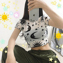 Load image into Gallery viewer, Women Mesh Sheer Short Sleeve Turtleneck Moon Stars Print Top