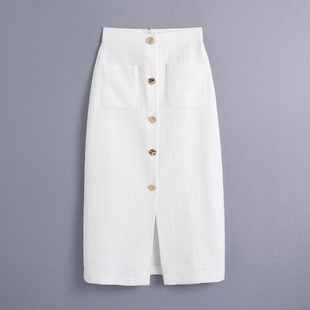 AACHOAE Women White Tweed Mid-Calf Skirts With Pockets