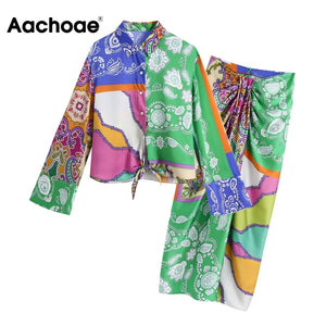 AACHOAE Women Vintage Printed 2 Piece Set Bow Tie Long Sleeve And Skirts