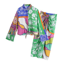 Load image into Gallery viewer, AACHOAE Women Vintage Printed 2 Piece Set Bow Tie Long Sleeve And Skirts