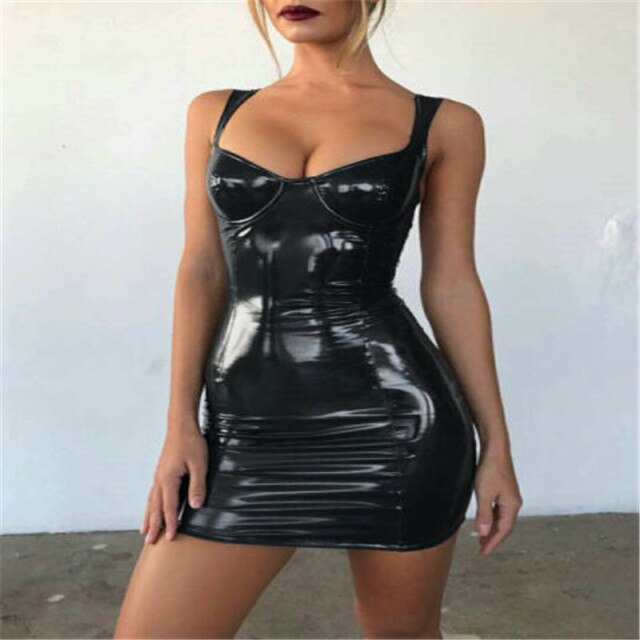 HFSHY Women Faux Leather Backless Short Dress