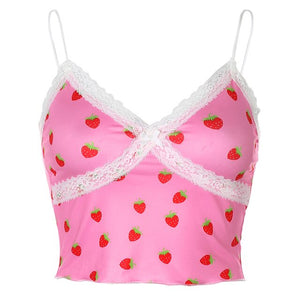 HAIMAITONG Women Strawberry Print Crop Top