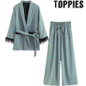 TOPPIES Women Blue Printed Kimono Jacket and Loose Leg Trousers
