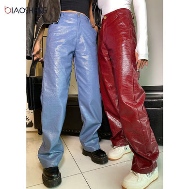 BIAO SHENG Women High Waist Straight Leg Faux Leather Pants