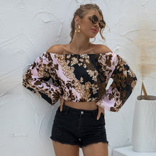 Load image into Gallery viewer, HAIMAITONG Women Slash Neck Long Puff Sleeve Leopard Loose Crop Top