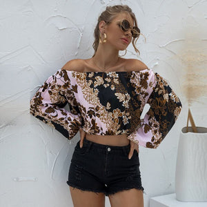 HAIMAITONG Women Slash Neck Long Puff Sleeve Leopard Loose Crop Top