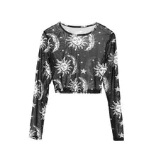 Load image into Gallery viewer, HIRIGIN Women Mesh Sheer Sun Moon Star Print Basic Long Sleeve Top