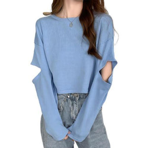 Women Long Sleeve Elbow Hole Hollow Loose Top