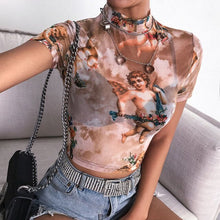 Load image into Gallery viewer, Women Short Sleeve Turtleneck Angel Print Short Crop Top