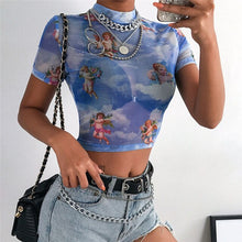 Load image into Gallery viewer, Women Short Sleeve Turtleneck Angel Print Short Crop Top