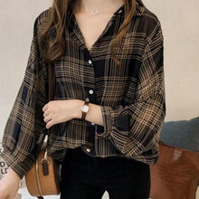 Load image into Gallery viewer, SANWOOD Women Cotton Long Sleeve Button Up Plaid Shirt