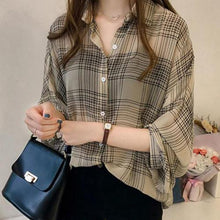 Load image into Gallery viewer, SANWOOD Women Cotton Long Sleeve Button Up Plaid Shirt