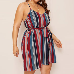 Women Plus Size Stripe Print V-Neck Sleeveless Sundress