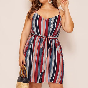 Women Plus Size Stripe Print V-Neck Sleeveless Sundress