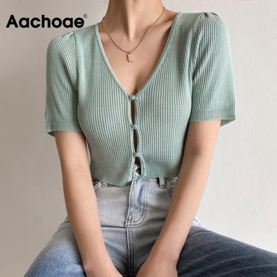 AACHOAE Women Slim Cropped Knitted Cardigan