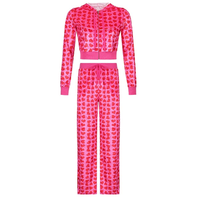 HEYOUNGIRL Women Velvet Heart Print Bomber Jacket And Pants