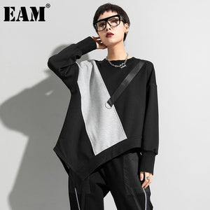 [EAM] Women Irregular Round Neck Long Sleeve Sweatshirt