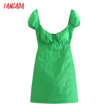 Load image into Gallery viewer, TANGADA Women French Style Green Bow Puff Short Sleeve Mini Dress