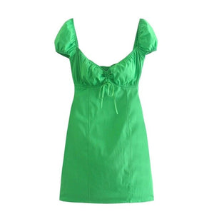 TANGADA Women French Style Green Bow Puff Short Sleeve Mini Dress