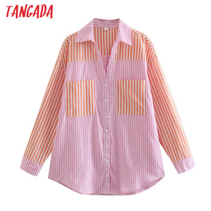 TANGADA Women Vintage Striped Print Oversized Shirt And Shorts