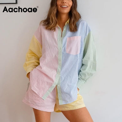 AACHOAE Women Striped Print 2 Piece Set Patchwork Long Sleeve Shirt And Shorts
