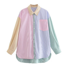 Load image into Gallery viewer, AACHOAE Women Striped Print 2 Piece Set Patchwork Long Sleeve Shirt And Shorts