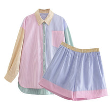 Load image into Gallery viewer, AACHOAE Women Striped Print 2 Piece Set Patchwork Long Sleeve Shirt And Shorts