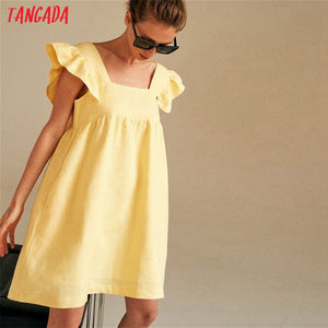 TANGADA Women Yellow Cotton Square Collar Butterfly Sleeve Dress