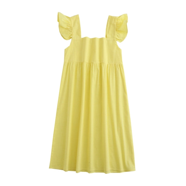 TANGADA Women Yellow Cotton Square Collar Butterfly Sleeve Dress