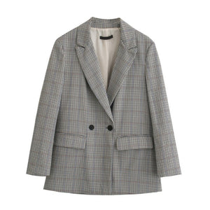 WIXRA Women Plaid Double Breasted Vintage Blazer Coat