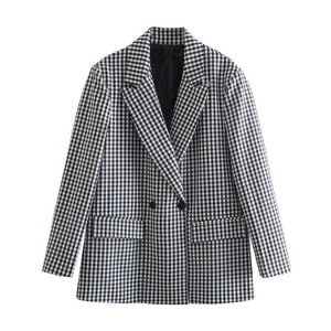 WIXRA Women Plaid Double Breasted Vintage Blazer Coat