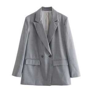 WIXRA Women Plaid Double Breasted Vintage Blazer Coat