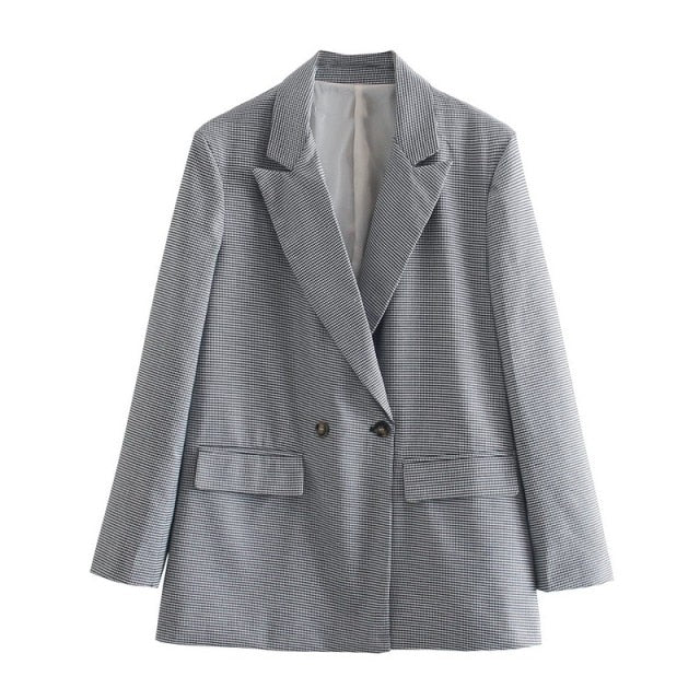 WIXRA Women Plaid Double Breasted Vintage Blazer Coat