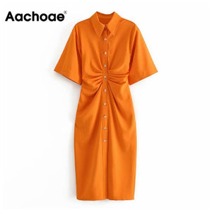 AACHOAE Women Button-Up Vintage Short Sleeve Long Dress