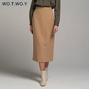 WOTWOY Women High Waist Mid Calf Skirt