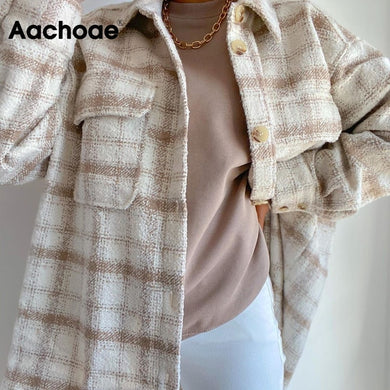 AACHOAE Women Long Sleeve Plaid Single Breasted Jacket Coat