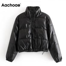 Load image into Gallery viewer, AACHOAE Women Black PU Faux Leather Padded Coat