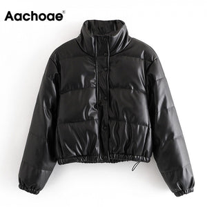 AACHOAE Women Black PU Faux Leather Padded Coat