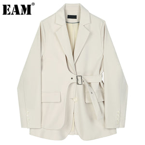 [EAM] Women Apricot Belt Single Breasted Irregular Blazer Jacket