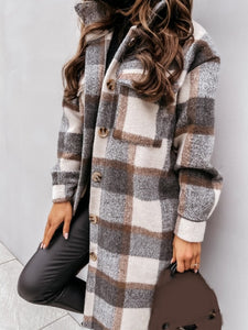 Women Plaid Turn Down Collar Long Coat