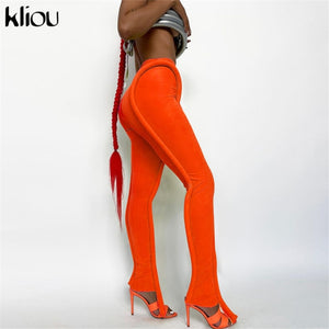 KLIOU Women Splicing Long Medium Waist Skinny Pants