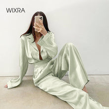 Load image into Gallery viewer, WIXRA Women Satin Single Breasted Long Sleeve Blouse+Elastic Waist Zipper Long Pants